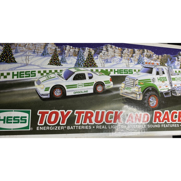 Hess 2011 White and Green Toy Truck & Pull Back Race Car Lights Sounds Ramp - Picture 1 of 14